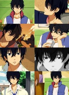 four different images of an anime character with black hair and blue eyes, one has his hand on his face