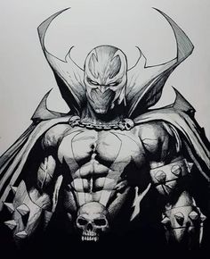 a black and white drawing of a man with horns on his head, wearing a batman costume