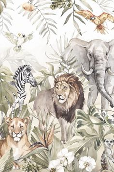 the wallpaper is painted with animals and plants