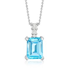 Ross-Simons - 2.00ct Swiss Blue Topaz Pendant Necklace, Diamond Accents. 16". Elevate your everyday dress with this bright 2.00 carat emerald-cut Swiss blue topaz pendant necklace! Sparked with a trio of round brilliant-cut diamond accents along the bale and set in polished 14kt white gold. Cable chain. Springring clasp, Swiss blue topaz pendant necklace. Blue Topaz birthstones are the perfect gift for December birthdays. Pendant Necklace Diamond, Blue Topaz Pendant Necklace, Topaz Birthstone, Necklace With Diamond, Everyday Dress, Blue Topaz Pendant, Topaz Pendant, Necklace Diamond, Swiss Blue Topaz