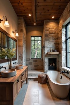 Lodge Master Bath, Bathroom His And Her Vanity, Cool Master Bathrooms, Country Master Bath Ideas, Mountain House Interior Bathroom, Stone And Wood Cottage, Stone Wall Behind Bathtub, Wet Room Master Bath Ideas, Nature Inspired Master Bath