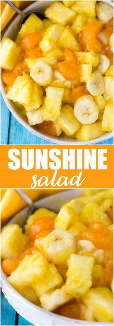 two pictures of pineapple and bananas in a bowl with the words sunshine salad on top