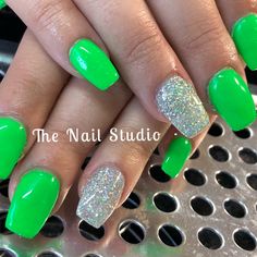 Glitter and lime green nails Lime Green Gel Nails Short, Neon Green Gel Nail Designs, Black And Green Sparkle Nails, Green Color Nail Ideas, Nail Ideas Neon Green, Lime Green And Silver Nails, Simple Lime Green Nails, Neon Green And Silver Nails, Neon Green And Gold Nails