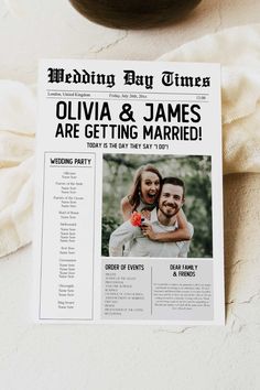 a wedding program is displayed on a table