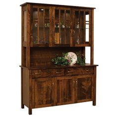 a wooden hutch with glass doors and drawers on it's sides, in front of a white background