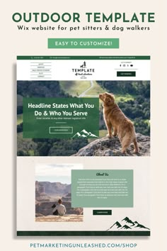 an image of a website page with a dog on the side and mountains in the background