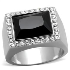 Description With the help of this luxurious stainless steel ring, you can effortlessly enhance your overall look. It will draw attention since it is accented with onyx in jet hue. This exquisite ring for men with high polishing would also make a wonderful gift for Father's Day. Product Features: Stainless steel ring with synthetic onyx Center stone color: black jet Side stone color: clear Center stone shape: oblong Side stone shape: round Stone setting: pave Band style: tapered High polished finish - no plating Made from highly corrosive resistant TK316 stainless steel Center stone size: 14,10 (mm) Ring size: men's 8 Weight (approx): 14.80 (g) Material(s): stainless steel/synthetic onyx Product Specifications Weight Width Height Depth 0.03 LBS 3.00" 3.00" 3.00" Warning: CHOKING HAZARD-Smal Chest Jewelry, Mens Black Ring, Mens Pinky Ring, Mens Stainless Steel Rings, Luxe Jewelry, Trendy Fashion Jewelry, Stainless Steel Ring, Jewelry Armoire, Clear Stone