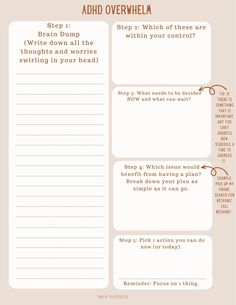 This worksheet is designed to help people with ADHD and similar executive function challenges to work through the overwhelm that comes from not knowing what to focus on. It can help to navigate underfocus or hypnotics. It can help when there are too many thoughts swirling around, making it hard to take any action.  Please note, this is a digital product. No physical product will be sent. Please double check that your print settings when printing. Thank you for being here. Neurodivergent Worksheets, Executive Functioning Activities Teens, Executive Functioning Worksheets, Executive Function, Time Management Worksheet, Executive Functioning Strategies, Counseling Worksheets, Journal Inspiration Writing