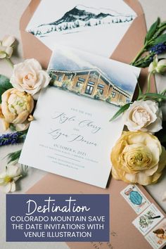 the wedding stationery is laid out on top of an envelope with flowers and postcards