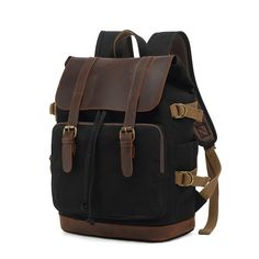 Men's Canvas Backpack for Laptop Functional Leather Backpack With Canvas Lining, Black Canvas Backpack With Leather Handles, Canvas Backpack With Pockets For Outdoor, Black Canvas Bag With Leather Patch, Travel Backpack With Pockets In Waxed Canvas, Black Waxed Canvas Backpack For Everyday Use, Black Leather Backpack With Canvas Lining, Functional Waxed Canvas Backpack For School, Black Waxed Finish Backpack For Travel