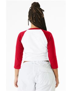 Ladies' Micro Ribbed 3/4 Raglan Baby Tee - WHITE / RED - XS | Bella + Canvas Women's Micro Ribbed 3/4 Raglan Baby Top in White/Red Size XS | Cotton/Polyester Blend Red Fitted Half Sleeve Top, White Stretch Top With 3/4 Sleeve, Red Long Sleeve Cotton Crop Top, White Fitted Top With 3/4 Sleeves, Baby Top, Sustainable Manufacturing, Black White Red, Heather Black, Baby Tee