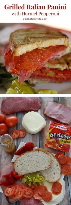 an italian sandwich with tomato, lettuce and meat on it is cut in half