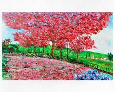 a painting of red trees in the middle of a field with pink flowers on it