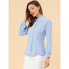 Feel confident flaunting your classic, yet edgy style in this classic peter-pan-collar office shirt. It features the front buttons, long puff sleeves, a Peter Pan collar, and the princess line. his button-up shirt is a polished piece for the weekend and workdays alike. This classic shirt is a regular fit, and that's how this one perfects the beloved staple. It is stylish and is a perfect choice for an office outfit. Office Tops With Peter Pan Collar And Buttons, Peter Pan Collar Tops With Buttons For Office, Office Lady Business Shirt Button-up, Fitted Long Sleeve Office Shirt, Collared Office Shirt In Solid Color, Fitted Long Sleeve Shirt For Office, Fitted Long Sleeve Shirt For Professional Wear, Collared Shirt For Office Wear, Solid Collared Shirt For Office Wear