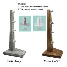 two wooden stands with different colors and designs for each one, including white or gray