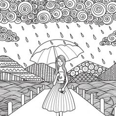 a girl with an umbrella is walking in the rain coloring page for adults and children