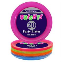 brights party plates are stacked on top of each other