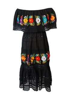 Traditional Black Dress For Vacation, Traditional Black Dress With Embroidered Hem, Black Embroidered Dress For Spring Fiesta, Black Embroidered Dress For Fiesta In Spring, Traditional Black Embroidered Dress For Beach, Traditional Black Embroidered Dress, Traditional Black Embroidered Beach Dress, Folk Style Embroidered Dress For Fiesta, Black Embroidered Dress For Fiesta