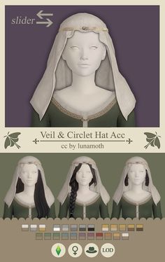 the veil and crochet hat acc is shown in three different styles, including long hair