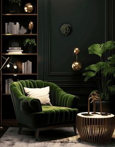 a living room with dark green walls and white rugs on the floor, an armchair in front of a bookshelf filled with plants