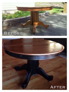 before and after photos of a dining room table with wood stain on the top, then painted black