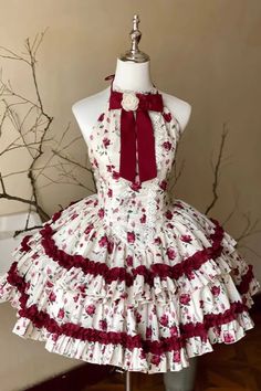 Red/White Halterneck Romantic Rose Print Ruffle Bowknot Sweet Chinese – LolitaInside Kawaii Red Dress, Red Girly Aesthetic, Lovecore Clothes, Rose Dress Outfit, Angelic Pretty Dress, Real Coquette, Lovecore Fashion, Red And White Outfits, Pink And Red Dress