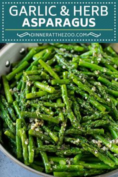 garlic and herb asparagus in a pan with text overlay that reads garlic and herb asparagus