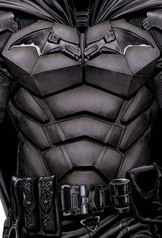 the batman costume is drawn in black and grey tones, with an open chest area