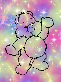 a drawing of a teddy bear in front of a colorful background with stars and sparkles