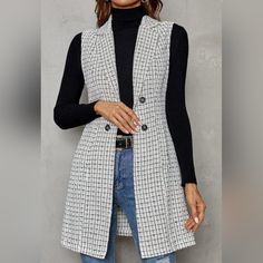 Brand New: White & Black Patterned Vest. Long Vest Jacket, Elegant Vest, Collar Vest, Plaid Vest, Mode Chic, Long Vests, Vest Pattern, Vest Coat, Modieuze Outfits