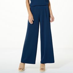 G by Giuliana Satin Crepe Pull-On Wide-Leg Pant  Soft with beautiful drape, this satin crepe pant strikes a balance between relaxed and refined in a silky poly/spandex fabrication with a deep pleat down the front to keep them looking polished all day long. Elegant Stretch Viscose Pants, Viscose Workwear Pants, Solid Viscose Pants For Work, Solid Viscose Workwear Pants, Solid Color Viscose Workwear Pants, Elegant Rayon Pants For Spring, Elegant Stretch Viscose Wide Leg Pants, Elegant Stretch Wide Leg Viscose Pants, Elegant Rayon Ankle-length Wide Leg Pants