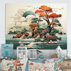 a painting on the wall above a bed in a room with pillows and other items