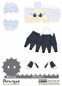 an origami paper doll with blue eyes and white hair, wearing black pants