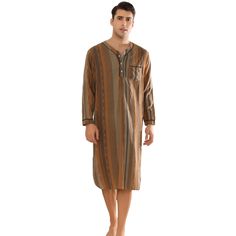 This multicolor-striped long-sleeved nightgown has a unique look that's different from regular striped designs. These long-sleeved nightshirts have a V-neck and front button design for easy wear and comfort. This casual striped nightshirt is suitable for daily wear, or for relaxing at home, vacation, etc. The nightgown can offer a comfortable feeling when you are taking a rest at home. Brown Long Sleeve Sleepwear, Casual Long Sleeve Nightgown For Home, Casual Striped Long Sleeve Sleepwear, Striped Long Sleeve Relaxed Fit Sleepwear, Striped Long Sleeve Sleepwear In Relaxed Fit, Striped Long Sleeve Sleepwear With Relaxed Fit, Long Sleeve Fall Nightgown For Sleep, Home Vacation, One Piece Man