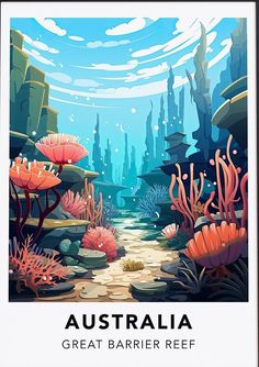 an underwater scene with corals and seaweed in the foreground is featured on this poster