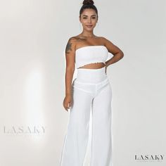 Lasaky - Casual Strapless Jumpsuit Set in Solid Color White Strapless Wide Leg Jumpsuit For Summer, White Strapless Jumpsuits And Rompers For Vacation, White Strapless Summer Jumpsuit For The Beach, White Strapless Jumpsuit For Beach, White Fitted Strapless Jumpsuit With Wide Leg, White Casual Strapless Jumpsuit For Beach, Chic White Bandeau Jumpsuits And Rompers, Solid Bandeau Jumpsuits And Rompers For Beach, White Bandeau Strapless Jumpsuit For Summer