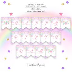 unicorn themed printable name tags with rainbows and stars in the background, set of 10