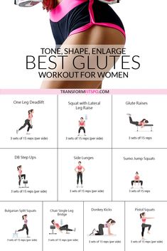 a woman is doing exercises for her body and chest with the words tone shape enlarge best glutes workout for women