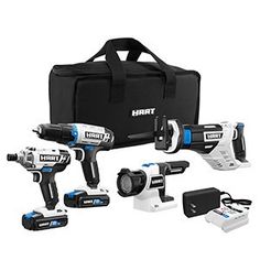 an assortment of power tools including drillers and cordless drill