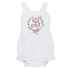 Embroidered bow sunsuit, monogram Sunsuit White Fitted Bubble Romper For Summer, Fitted White Bubble Romper For Beach, White Fitted Summer Bubble Romper, Toddler Jumpsuit Summer White Embroidered Flowers, Embroidered Name Onesie, Embroidered Bubble Romper, Gender Neutral Baby, Baby Bodysuit, Mother’s Day