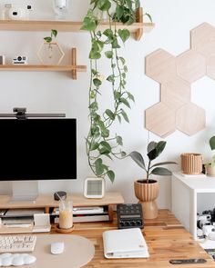 a computer desk topped with a desktop computer next to a potted plant on top of a wooden table