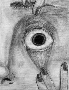 a pencil drawing of an eye with two hands reaching for the viewer's eye