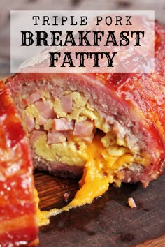 the ham is cut in half and ready to be eaten with text overlay that reads triple pork breakfast patty