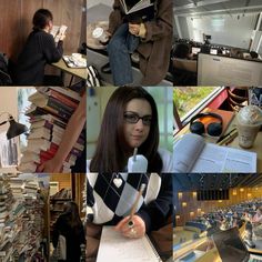 a collage of photos with people reading books and other things in the background,