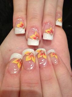 Pretty flowered French Feather Nail Designs, Shellac Designs, Zebra Nail Art, Orange Nail Art, Hello Kitty Nails Art, Feather Nails, Star Nail Art, Flower Nail Designs