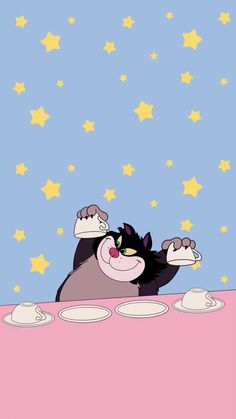 a cartoon cat sitting at a table with plates and cups on it's feet