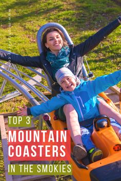 two children on a ride with text overlay top 3 mountain coasters in the smokies