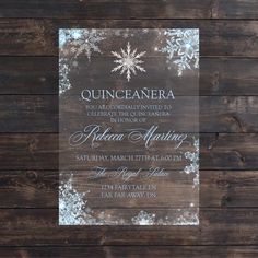 a wedding card with snowflakes on it and the words quincaanera