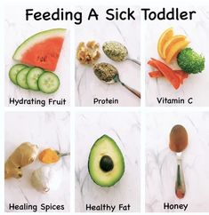 the four stages of feeding a sick toddler are shown with fruits and veggies