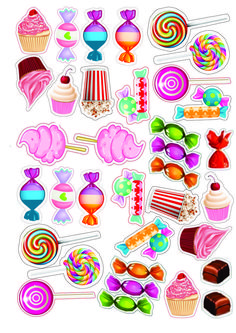 an assortment of candies and lollipops stickers on a white background